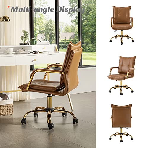 HULALA HOME Faux Leather Home Office Desk Chair, Adjustable Swivel Computer Chair with Golden Legs and Arms, Comfy Upholstered Task Chair,Camel HULALA HOME