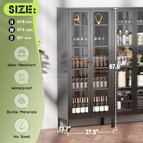 Crownland Metal Storage Cabinet with Glass Doors, Display Curio Glass Cabinet with 4 Adjustable Shelves, Tall Modern Office Storage Cabinet for Bedrooms, Living Room, Pantry(Black) Crownland