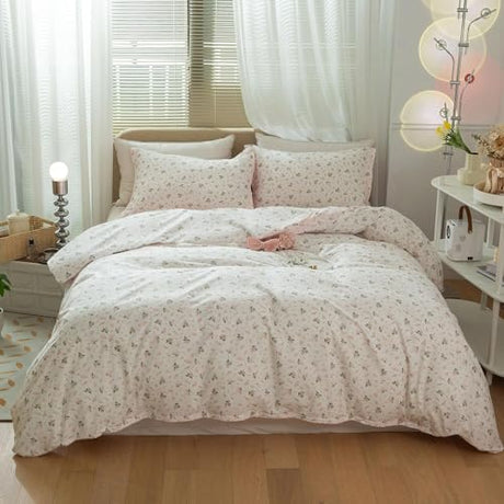 mixinni Girl Floral Full Size Comforter Pink White Flower Leaf Print Bedding Sets, Cute Floral Bedding Comforter Sets for All Seasons-(1 Comforter+2 Pillow Shams)-Full Size mixinni