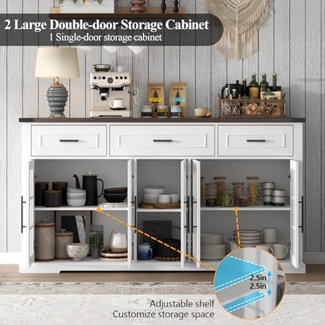 Gyfimoie 63" Sideboard Buffet Cabinet with Glass Doors, Farmhouse Large Buffet Table with 3 Storage Drawers, Modern Coffee Bar Wine Bar Cabinet with Adjustable Shelves for Kitchen, Dining Room, White Gyfimoie