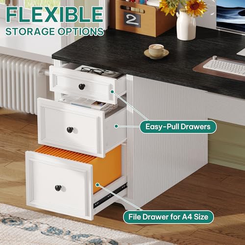 DWVO Executive Desk with Hutch and Power Outlets, Computer Desk with Drawers & LED Lights, Farmhouse Home Office Desks with Storage Shelves, White & Black DWVO