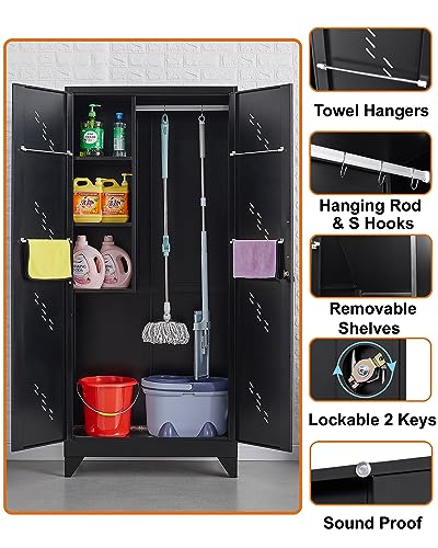 YILFANA 75" Metal Storage Cabinet with Lockable Doors, Functional Garage Storage Cabinets, Heavy-Duty Tool Organization Cabinet with Hanging Rod & S-Hooks (75" Utility Closet) YILFANA