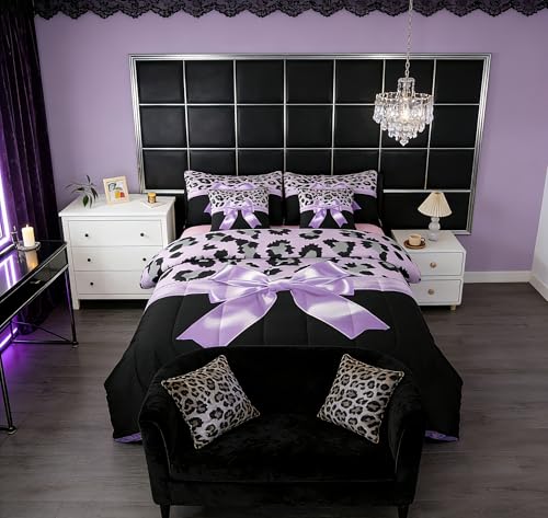 Feelyou Purple Silk Bowknot 7 Piece Bedding Set Full Size Grey Leopard Comforter Set with Sheets for Kids Girls Women Black Purple Bed in a Bag Sweet Romantic Bed Set Feelyou