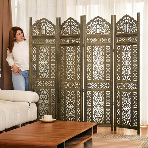5.75Ft Room Divider Wood Screen, 33Lbs Durable Antiqued Style MDF Carved Headboard, Reversible Freestanding Folding Partition Paravent for Home Terrace, 69 * 71 inch(H*W) - 4 Panels (Antique Brown) Svimi