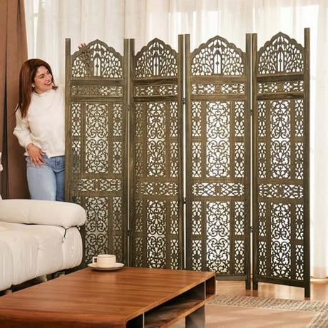 5.75Ft Room Divider Wood Screen, 33Lbs Durable Antiqued Style MDF Carved Headboard, Reversible Freestanding Folding Partition Paravent for Home Terrace, 69 * 71 inch(H*W) - 4 Panels (Antique Brown) Svimi