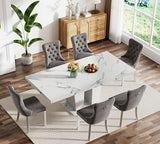 Goujxcy 7-Piece Extendable Dining Table Set for 6-8 People 63-78 Inch Kitchen Table Set with 6 Grey Upholstered Chairs Modern White Faux Marble Rectangular Dining Room Table Set for Kitchen Apartment Goujxcy