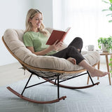 Bme Patio Rocking Chair Outdoor and Indoor, Modern Metal Lounge Rocker with Thick 7'' Cushion, 400lbs Capacity, Ergonomic Design, Easy Assembly, Beige Cushion - Wood Texture Rocker