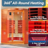 WOODBRIDGE Infrared Sauna Room 2 Person Japanese Cedar Indoor Corner Sauna with 7 Carbon Heaters, Red Light Therapy,Bluetooth Speaker,Intelligent Dual Control System,Tempered Glass,Exterior Brim Light WOODBRIDGE