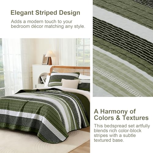 Quilt Set Queen Size Sage Green Striped Bedding Set 3 Piece Lightweight Bedspreads Coverlets Set Soft Microfiber Summer Striped Quilts With 2 Pillowcases All Season Patchwork Comforter Set 96"×90" Djoymock