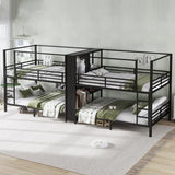 Queen Size Quadruple Metal Bunk Bed with Wardrobe & Storage Shelves, Quadruple Metal Bunk Bed Frame with Noise-Reduced Design (Black/Queen) MERITLINE