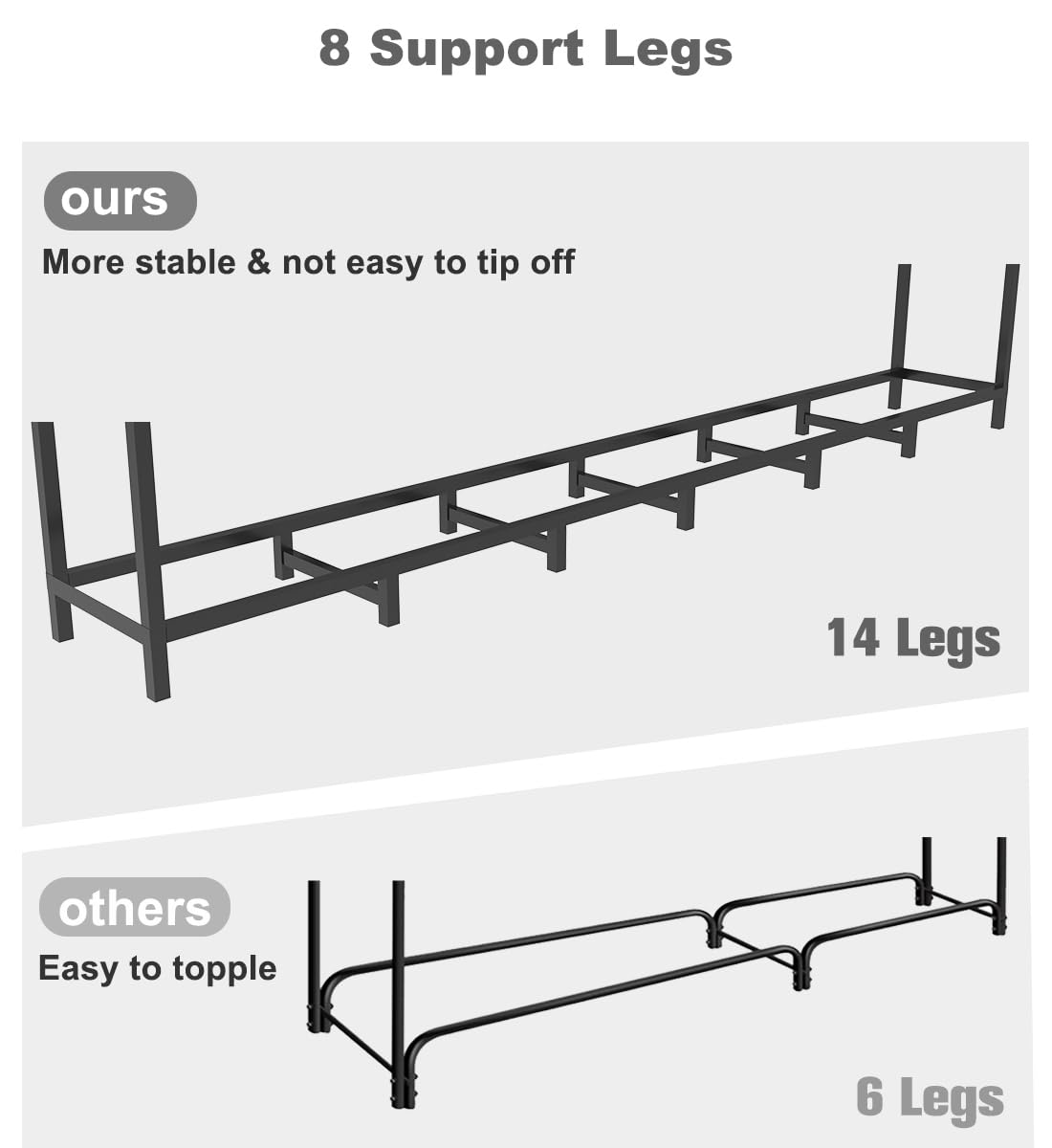 BALIE SPACE 8ft Outdoor Firewood Rack Holder with 14 Support Legs for Indoor Fire Wood Pile Storage, Adjustable Heavy Duty Fire Log Stacker Stand Organizer for Fireplace, Black BALIE SPACE