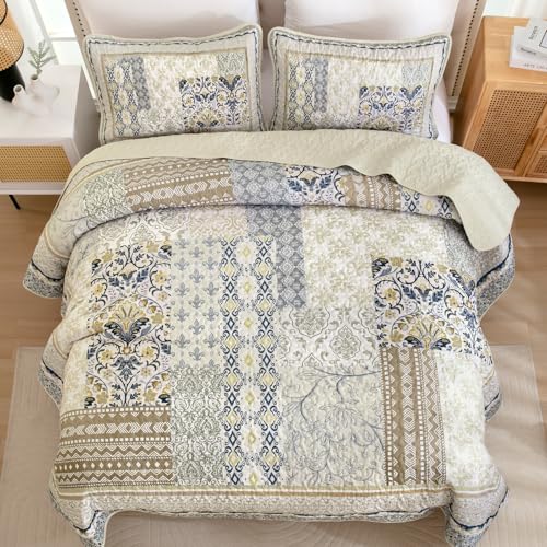 WONGS BEDDING Boho Quilt Set Queen, 3 Pieces Beige Patchwork Bedspread Coverlet Set,Soft Lightweight Microfiber Bohemian Floral Pattern Bedding Set for All Season (96"X90") WONGS BEDDING