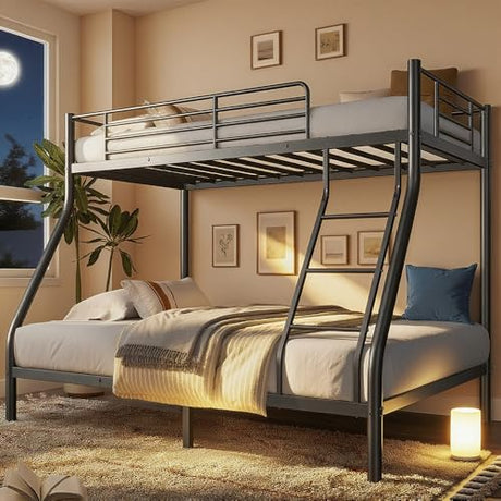 Metal Bunk Bed Twin Over Full Size, Heavy Duty Bunk Bedframe with Safety Guard & Ladder, Space-Saving, No Box Spring Needed, BunkBed Frame for Aldults Dorm Bedroom Guest Room (Black, Twin Over Full) OUEEEDD