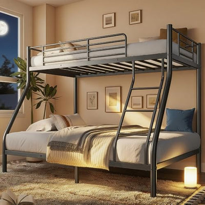 Metal Bunk Bed Twin Over Full Size, Heavy Duty Bunk Bedframe with Safety Guard & Ladder, Space-Saving, No Box Spring Needed, BunkBed Frame for Aldults Dorm Bedroom Guest Room (Black, Twin Over Full)
