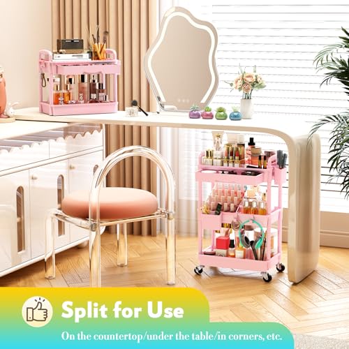 SUNALLY Makeup Cart Organizer with Drawers, Floor Skincare Organizers Vanity Storage Organizer, Rolling Makeup Bathroom Storage Cart Cosmetics Display Cases for Skin Care Perfume Nail Polish, Pink