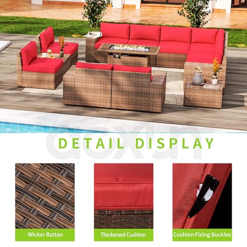 Aoxun Patio Furniture Set 13 Pieces Wicker Rattan Outdoor Furniture with 44” Fire Table Patio Sectional Sofa with Thickened Cushions, Red (Include Waterproof Cover)