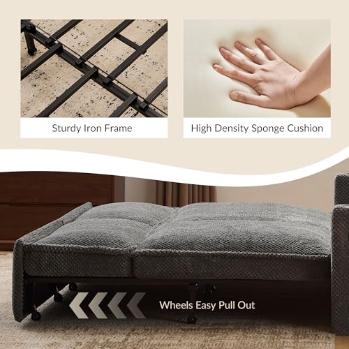 82.7’’ King Size Pull Out Sofa Bed, 3 in 1 Convertible Sleeper Sofa Bed with Futon Sofa , Chenille Loveseat Couch Bed with USB and Storage Pockets for Living Room,Bedroom, Pet-Friendly (Dark Gray) GRAINLLE
