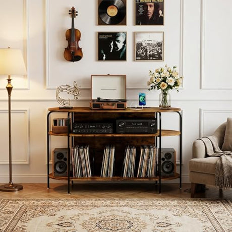 Faesun Large Record Player Stand with Vinyl Record Storage & Power Outlets, Holds 200+ Albums, 3-Tier Turntable Stand for Living Room & Bedroom, Mid Century Round Shelf Design,Vintage Faesun