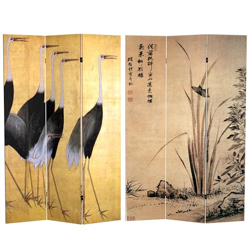 Red Lantern 6 ft. Tall Double Sided Cranes Room Divider 3 Panel Freestanding Folding Privacy Screen, Partition, and Separator for Modern and Contemporary Bedroom, Home Office, Studio, Dorm, Apartment Red Lantern