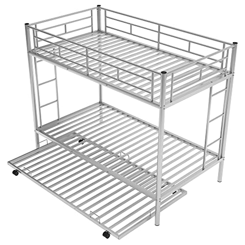 Merax Metal Bunk Bed Twin Over Twin Triple Bunk Bed with Twin Size Trundle, Grey Silver 642 Merax
