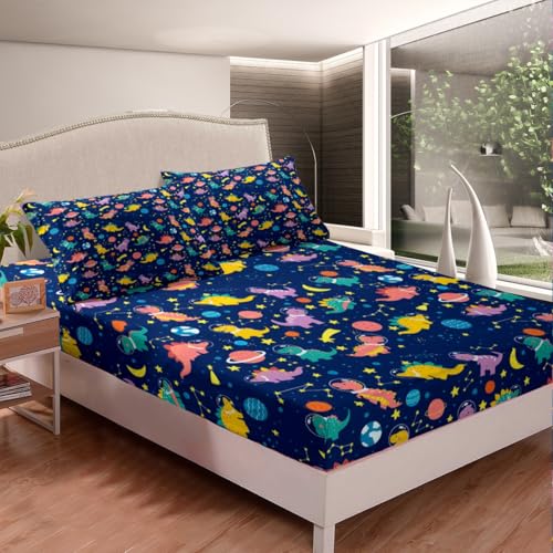 Erosebridal Boys Cartoon Dinosaur Bed Sheets,Kids Cute Dino Sheet Set,Girly Funny Dinosaur Astronaut Bedding Set Home Room Decor,Galaxy Space Stars Fitted Sheet + Flat Sheet + 2 Pillowcases,King Erosebridal