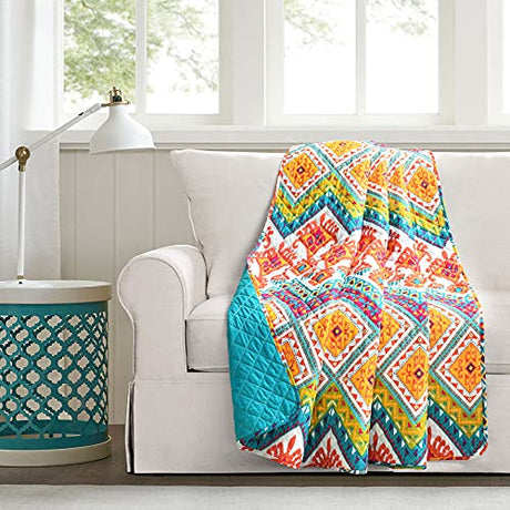 Lush Decor Boho Chevron Reversible Cotton Throw Blanket Single 50" W x 60" L Turquoise & Multi - Colorful Throw Blankets for Bed - Blue Couch Blanket Lush Decor