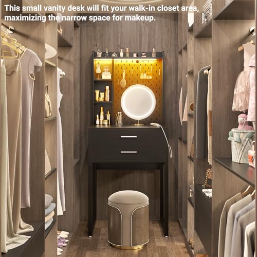 Besiost Small Vanity Desk with Hutch and Drawers, Black Makeup Vanity Desk with Charging Station, Vanity Table Dressing Table with LED Lights, Vanity Desk No Mirror with Pegboard for Girls Women, 24" Besiost