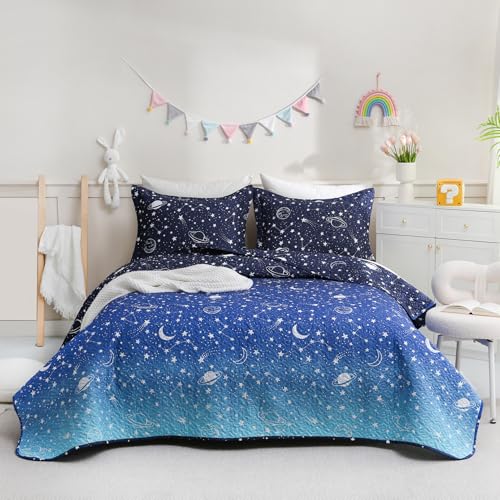 JSD Blue Stars Kids Quilt Set Full/Queen, 3 Piece Space Theme Boys Printed Bedspread Coverlet with Pillow Sham Quilted Blanket JSD
