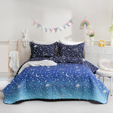 JSD Blue Stars Kids Quilt Set Full/Queen, 3 Piece Space Theme Boys Printed Bedspread Coverlet with Pillow Sham Quilted Blanket JSD