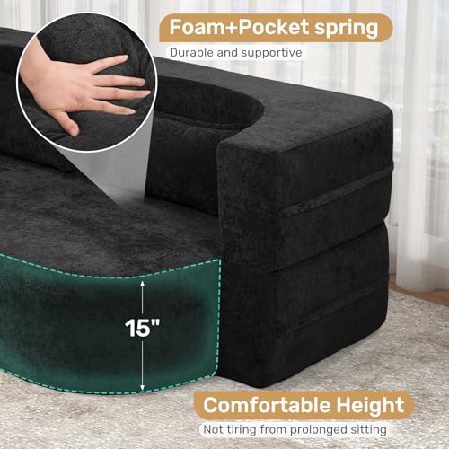 78" Convertible Sofa Bed with Pillows Queen Sleeper Sofa,Foam Folding Mattress Sleeper Modern Teddy Fabric Floor Cushion and Futon Chaise Lounge Sofa,For Apartments,Guest Rooms,Guest Use,Condo,Black Luxanimarion