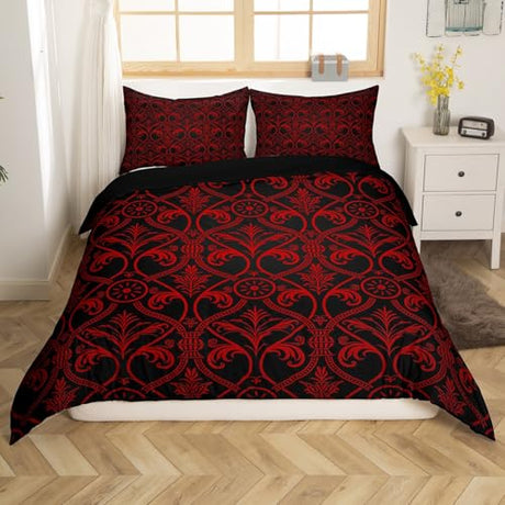 Red Black Ombre Gothic Bedding Set Full For Boys,Vintage Goth Floral Damask Duvet Cover Antique Victorian Baroque Comforter Cover Hotel Luxury Bed Cover Bohemian Exotic Bedroom Decor 2 Pillow Cases Erosebridal