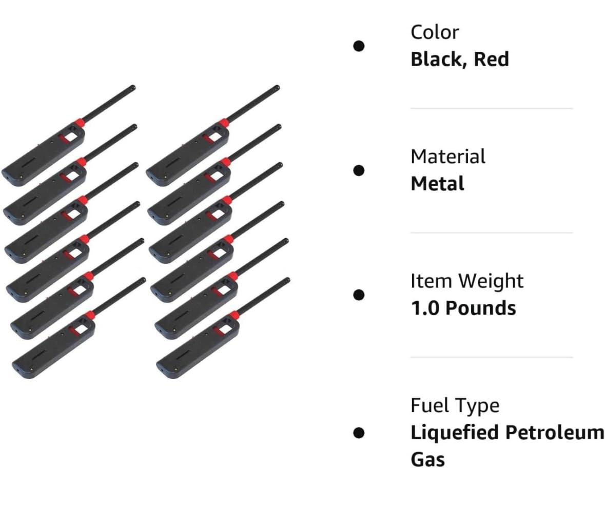 12 Pack - Fuel Included BBQ Grill Long Lighter - Refillable Butane Gas Candle Fireplace Kitchen Stove Wind Resistant, Red 3QUZ