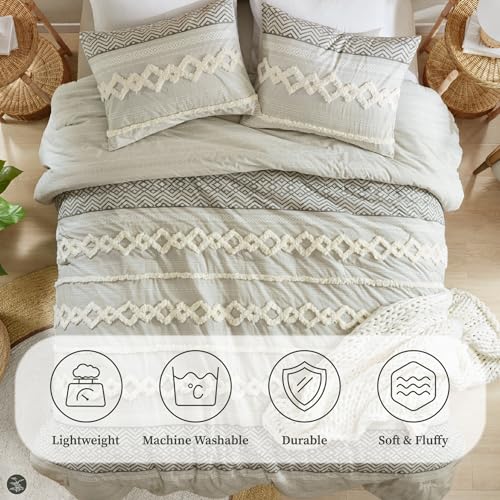 Hyde Lane Farmhouse Comforter Set Gray, Full/Queen Size Boho Bedding Sets, Cotton Top with Modern Neutral Style Clipped Jacquard Stripes, 3-Pieces Including Matching Pillow Shams (90x90 inches) Hyde Lane