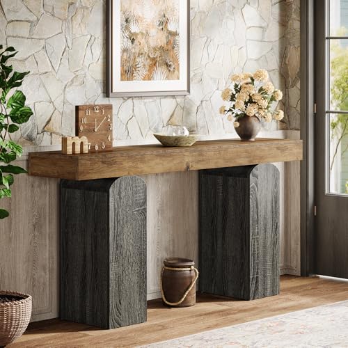 Tribesigns 63" Long Entryway Table, Farmhouse Console Table with 2 Arched Pedestal Legs, Wooden Sofa Console Behind The Couch for Entrance, Hallway, Living Room (Vintage Brown & Grey) Tribesigns