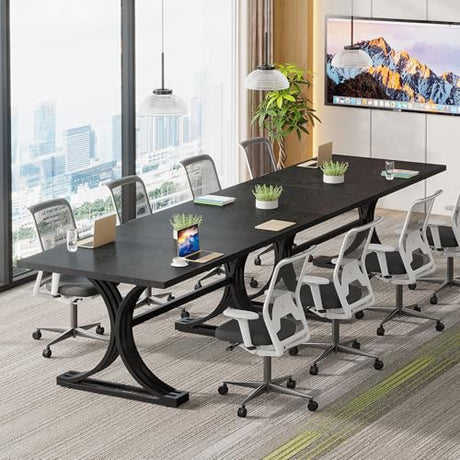 Tribesigns 10.5FT Conference Table, Modern Meeting Table for 8-10 People, Rectangle Seminar Boardroom Table for Office Conference Room with Stylish Legs (2, Black) Tribesigns