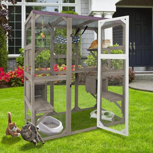 Ketive Catio Outdoor Cat Enclosure Cat Catio Cat House, Cat Cage Condo Indoor Playpen Kitty House Shelter with Multi Platforms, Waterproof Roof, Pull-Out Tray (59" L x 29.5" W x 67.7" H) - WoodArtSupply