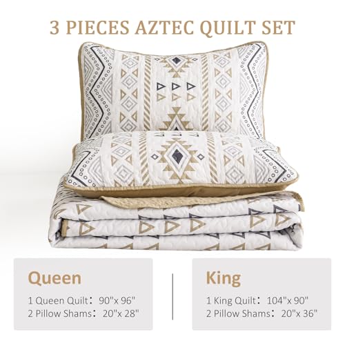 Drucon Boho Queen Size Aztec Quilt Set 3 Pieces Lightweight Fall Quilt Beddding Set, Soft Microfiber Bohemian Bedspread Coverlet Set with 2 Pillowcases for All Season (Queen, 90"x96") Drucon