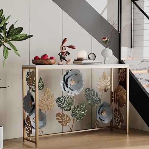 FormaCraft Vintage Console Table with Metal Flower Design, 47" Modern Faux Marble Entryway Table, Narrow Gold Sofa Table for Living Room, Hallway, Bedroom FormaCraft