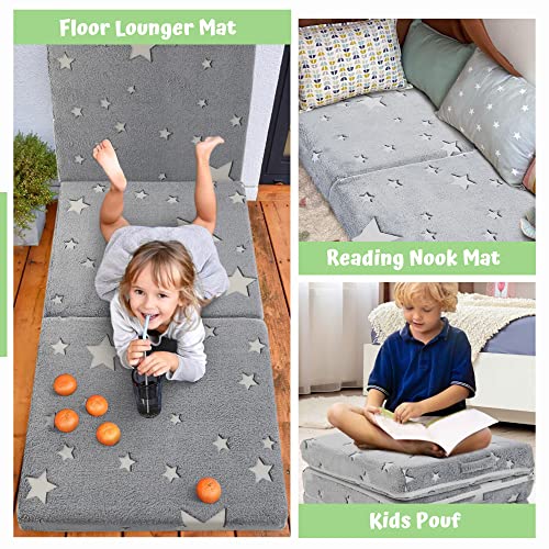 MeMoreCool Glow Star Kids Foldable Floor Mattress Mat with Carry Bag, 3-in-1 Tri-Fold Futon, Soft Plush Glow Cover, Portable for Travel, Grey 63x26 Inch MeMoreCool