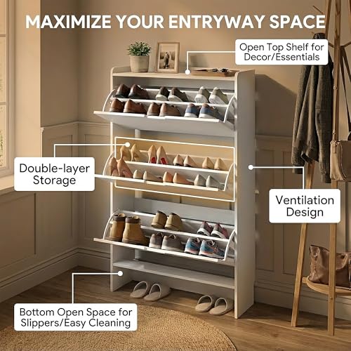 RIHHA 52" Tall Slim Shoe Cabinet, 3-Drawer Flip Down Hidden Shoe Storage with Top Fence & Open Bottom Shelf, Ultra-Thin Narrow Shoe Rack, White Wood Grain RIHHA