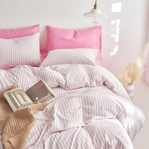 Wake In Cloud - Striped Cotton Duvet Cover Set, Ticking Stripe Vertical Pinstripe Farmhouse, 100% Washed Cotton Textured Percale Bedding Set, 3 Pieces, Pink White, Full Size Wake In Cloud