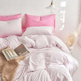 Wake In Cloud - Striped Cotton Duvet Cover Set, Ticking Stripe Vertical Pinstripe Farmhouse, 100% Washed Cotton Textured Percale Bedding Set, 3 Pieces, Pink White, Full Size Wake In Cloud