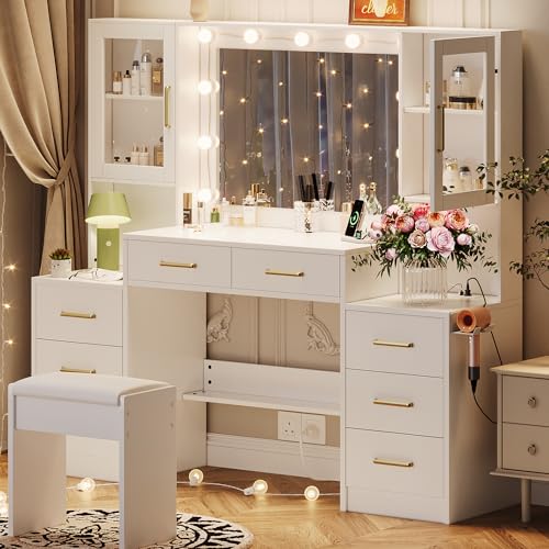 58.3" Large Vanity Desk with Mirror & Lights, Makeup Vanity with 10 LED Lights, 8 Metal Sliding Drawers & 2 Cabinets, White Vanity Set with Stool & Power Outlet 3 Lighting Modes Adjustable Brightness