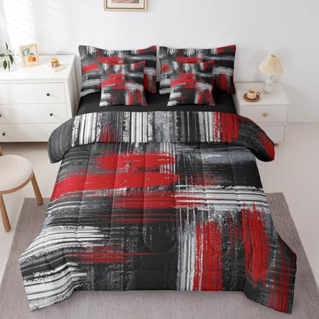 Feelyou Red Black, Grey 7 Piece Bedding Set Full, Abstract Graffiti Art Bed in a Bag Kids Modern Brush Design Bedding Sets with Quilted Comforter, Flat Sheet, Fitted Sheet, Pillowcases, Pillow Covers Feelyou