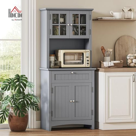 HOMCOM Elegant Buffet with Hutch, Kitchen Pantry Storage Cabinet with Framed Glass Door Drawer and Microwave Space for Dining Room, Living Room, Gray HOMCOM