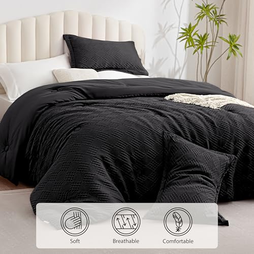 EXQ Home Waffle Comforter Queen Size - Super Soft Embossed Design Comforter Set 3 Pieces, Black 3D Diamond Pattern Bedding Set,Winter Warm Bed Set,1 Comforter with 2 Pillowcases EXQ Home