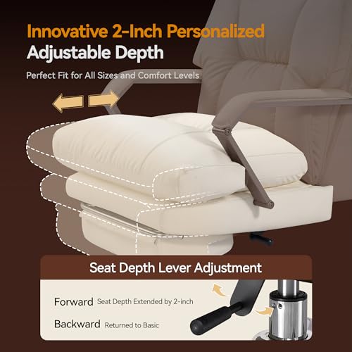 OKUP® M76 Recline Office Chair with Footrest, 160° Infinite Reclining 10" Thick Executive Desk Chair, 420lb Heavy Duty Big and Tall, Adjustable Seat Depth, Cream OKUP