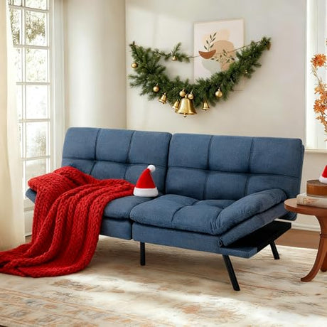 MUUEGM 71-Inch Convertible Futon Sofa Bed with Adjustable Backrest & Removable Armrests, Foldable Sleeper Loveseat for Small Space Living Room, Studio Apartment, Home Office，Blue MUUEGM
