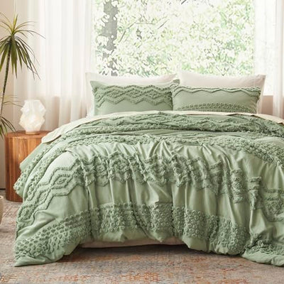 Luxudecor Sage Green Tufted Comforter Set King Size 3 Pieces Boho Shabby Chic Comforter Farmhouse Embroidery Bedding Set Soft Comforter for All Seasons (Sage Green, 104''x90'')
