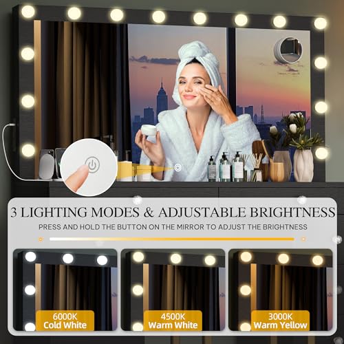 YITAHOME Makeup Vanity Desk with LED Mirror & Light, Large Makeup Table with 8 Drawers, Magnifying Glass, Power Outlets, Hairdryer Holder & Cushion Stool for Dressing Room, Black Vanity Set YITAHOME